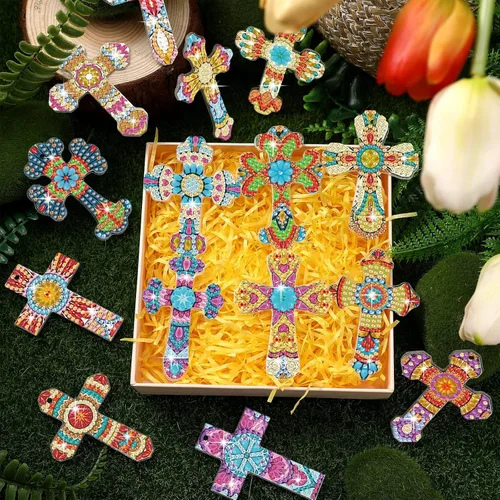 Vista 5 de Inbagi 15 piezas de llaveros de pintura de diamante con cruz de Pascua, 5D, bricolaje, cruz de diamante, llaveros colgantes para regalos de fiesta