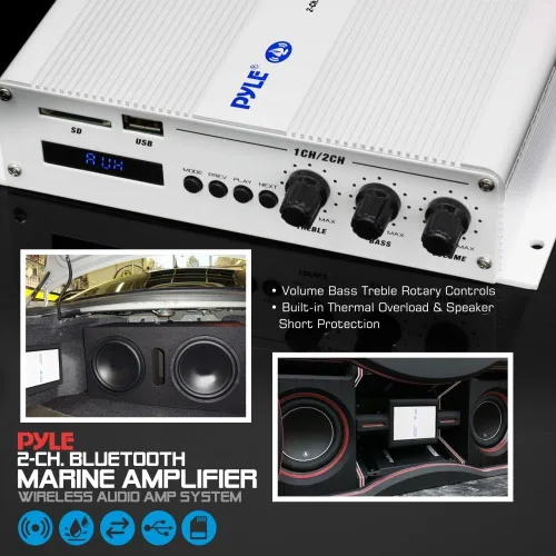 Vista 6 de Pyle Home Marine Amplificador de coche – 2 canales puente compacto 200 vatios RMS 4 OHM rango completo monobloque estéreo e impermeable – Receptor