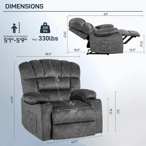 Vista 2 de Silla reclinable moderna ergonómica para sala de estar, sofá individual, con relleno de espuma, 2 portavasos y bolsillo lateral