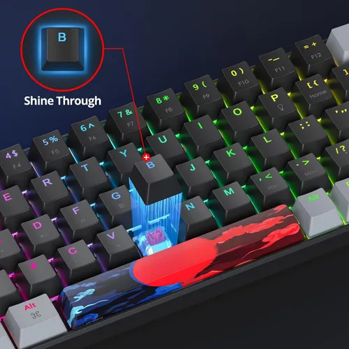 Vista 6 de Teclado mecánico 65% de 68 teclas con cable para juegos con interruptor rojo, efecto de iluminación RGB, teclas PBT, mini teclado ultracompacto