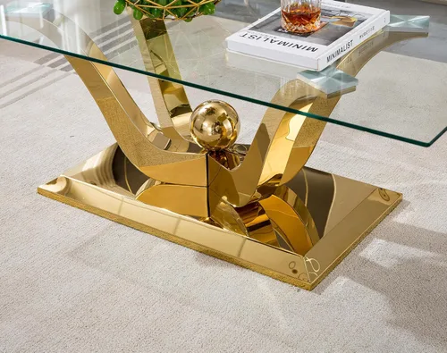 Vista 7 de SSLine Mesa de centro moderna de 1 pieza para sala de estar, mesa de centro de vidrio templado de lujo con base de acero inoxidable en forma de flor