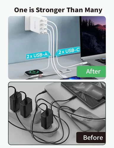 Vista 8 de Cargador USB C de 100 W, cargador de pared rápido Security-01 de 4 puertos GaN PD, compatible con MacBook Pro, MacBook Air, iPhone 14 13 Pro, Steam