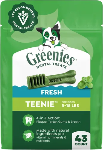 Vista 16 de Greenies Golosinas dentales naturales para perros adultos recomendadas por veterinarios, tamaño Teenie, sabor a arándano azul, paquete de 12 oz., 43