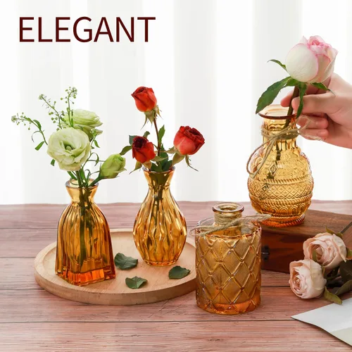 Vista 2 de Juego de 10 jarrones de cristal ámbar, pequeños jarrones de flores para decoración de boda