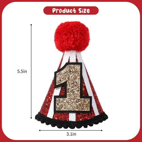 Vista 2 de YOUAME Sombrero de fiesta de primer cumpleaños de circo, traje de corona roja con purpurina para niños y niñas, divertida decoración de fiesta