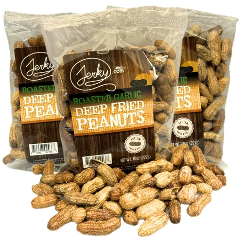 Vista 13 de Jerky.com Paquete de 3 muestras de cacahuetes fritos en cáscara, sabores gourmet que incluyen salado, ajo asado, picante picante, cacahuetes