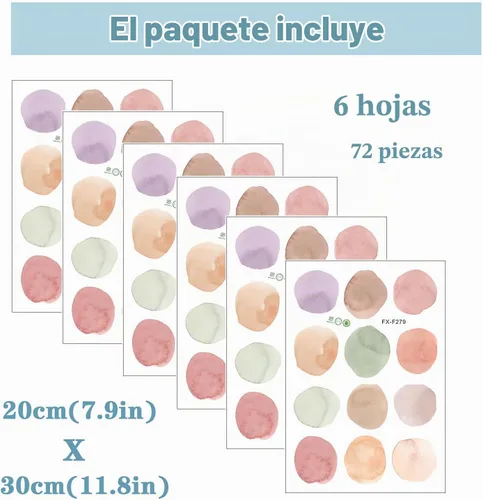 Vista 3 de 6 hojas de 72 calcomanías de pared de lunares de acuarela colorida, calcomanías de pared de arte de arco iris, vinilo extraíble para niños Colorido