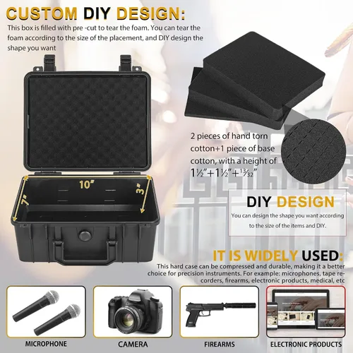 Vista 3 de Funda rígida protectora a prueba de golpes y resistente al agua con inserción de espuma DIY personalizada para cámara, etc, 11 X 9.5 X 5 pulgadas