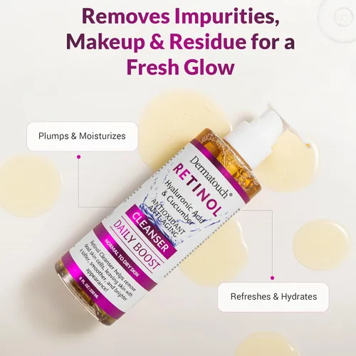 Vista 3 de DERMATOUCH Limpiador facial de retinol, lavado facial diario con ácido hialurónico, pepino y vitaminas para piel normal a seca, fórmula antioxidante