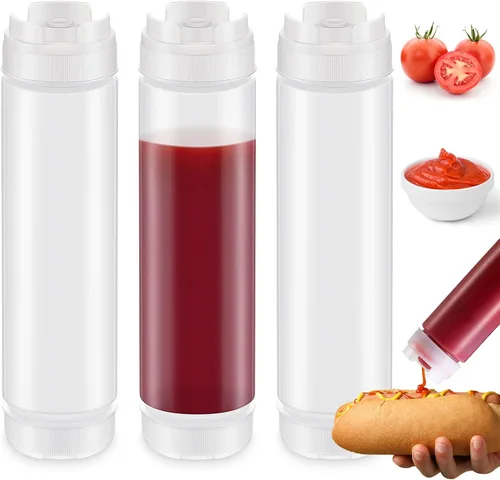 Vista 8 de Sabary 3 unidades de botellas exprimibles de plástico invertidas de 16 oz, dispensador recargable con válvula grande para condimentos, botella Negro