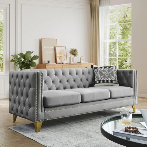 Vista 16 de JEEOHEY Juego de Sofás Chesterfield de 2, Sofá Moderno de Terciopelo con Capitoné y Ribete de Tachuelas, Sofá Tapizado de Asiento Profundo, Sofá