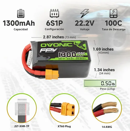 Vista 2 de OVONIC 6S Lipo Batería 100C 1300mAh 22.2V Lipo Batería con XT60 Conector para RC FPV Racing Drone Quadcopter