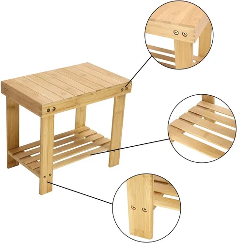 Vista 5 de Taburete de bambú KKTONER con banco de ducha y almacenamiento con estante, silla de pie para baño, sala de estar, dormitorio, color natural
