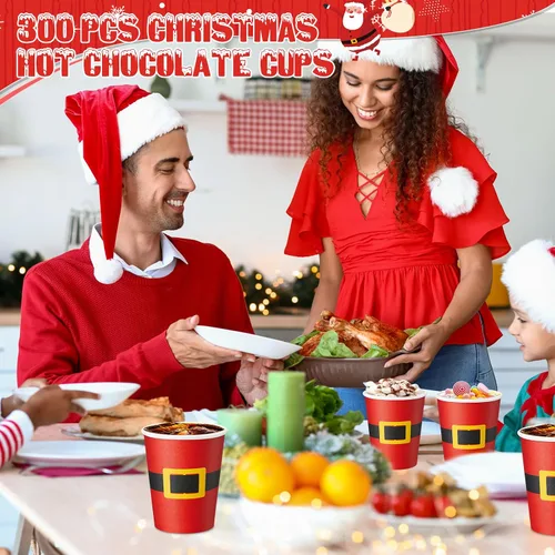 Vista 5 de Yaomiao 300 tazas de papel de Navidad de 9 onzas, diseño de cinturón de Papá Noel, desechables, tazas de café de cacao caliente para Navidad, a