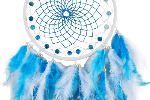 Vista 9 de Blue Dream Catchers - Plumas de pollo con perla de cristal, atrapasueños hecho a mano para dormitorio, atrapasueños para niñas, atrapasueños