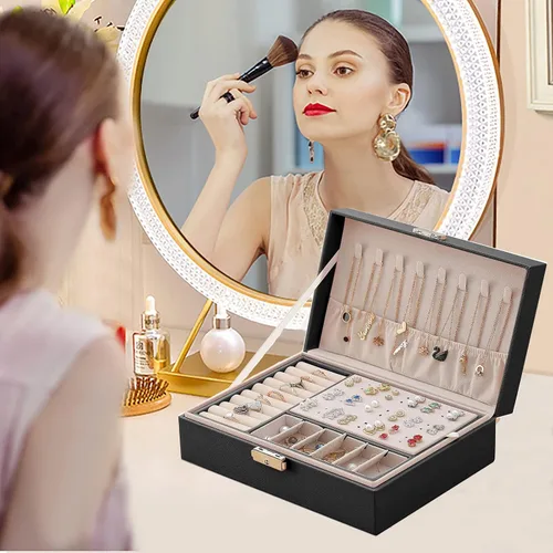 Vista 2 de Organizador de joyas para mujer organizador grande de joyas de viaje de 2 capas de piel sintética con forro suave para mujeres y niñas anillos