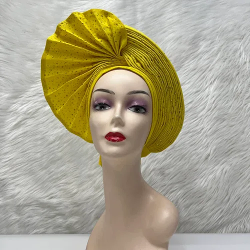 Vista 3 de Ya hecho Nigeriano Aso Oke Auto Gele con piedras Mujeres Turbante Sombrero Envoltura Cabeza Diadema Africana Diadema Moda Para Fiesta (Amarillo)