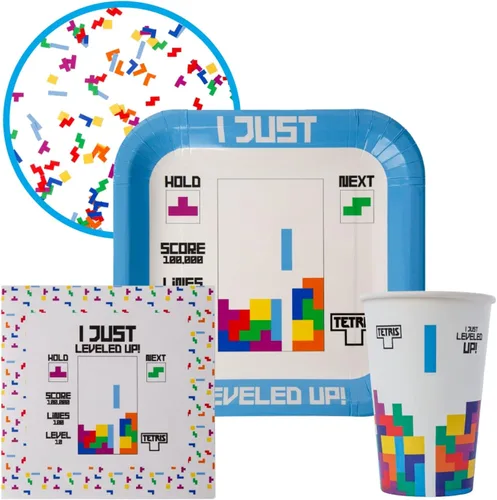 Vista 6 de Tetris - Kit de fiesta en caja – Celebración, fiesta de cumpleaños, niños pequeños – 100 piezas – Videojugador – Retro – Suministros de fiesta