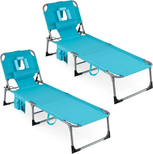 Vista 18 de COSTWAY Silla de salón plegable de playa, silla de bronceado con agujero para la cara, respaldo ajustable de 5 posiciones, almohada y bolsillo