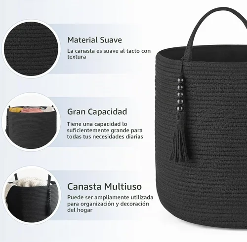 Vista 6 de Mkono - Canasta de almacenamiento tejida, canasta decorativa de cuerda natural con cuentas de madera para mantas, juguetes, ropa, zapatos y plantas