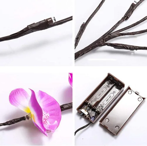 Vista 5 de Fantasee Luces de ramita de orquídea morada, 20 luces LED artificiales de rama Phalaenopsis alimentadas por pilas, luces de decoración de ramas
