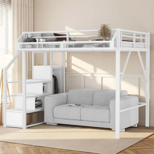 Vista 16 de Cama tipo loft de tamaño matrimonial con escaleras de almacenamiento integradas, armario, marco de cama alta de metal con barandilla lateral