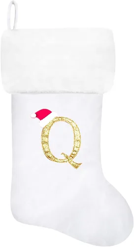 Vista 123 de Calcetines de Navidad bordados de 20 pulgadas con monograma, terciopelo negro con puño de felpa blanca supersuave, adornos clásicos para decoración