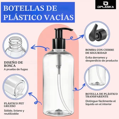Vista 3 de 3 paquetes de botellas transparentes de 10 onzas con bomba negra Bomba transparente-negra