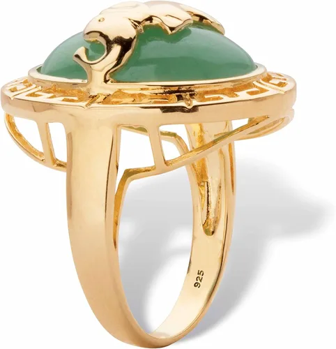 Vista 2 de PalmBeach Yellow Gold-plated Sterling Silver Oval Shaped Genuine Green Jade Elephant Ring Sizes 6-10