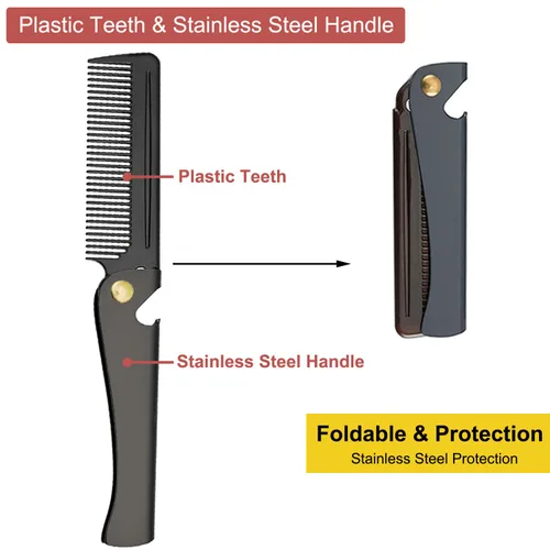 Vista 3 de Peine plegable de acero inoxidable, peine de bolsillo para hombres y mujeres, negro