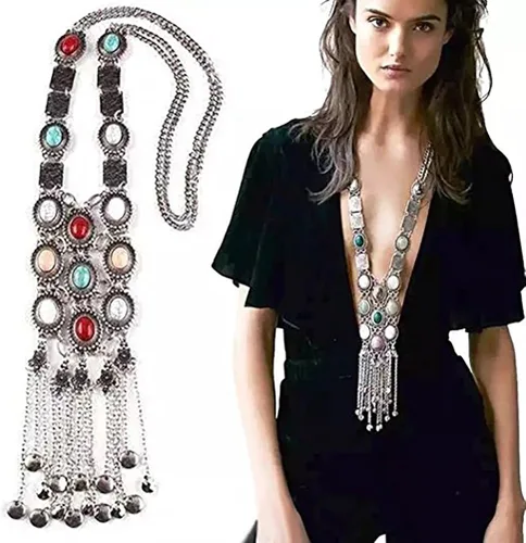 Vista 2 de BOLERPE Collar tribal étnico bohemio largo turquesa para mujer Vintage Retro Rhinestone (Plata), Plástico Metal Estrás, No es una piedra preciosa