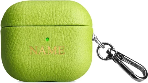 Vista 11 de Funda de cuero con iniciales personalizadas para Apple Airpods 3 2021, funda vegana de lujo con llavero con nombre personalizado en relieve y letras