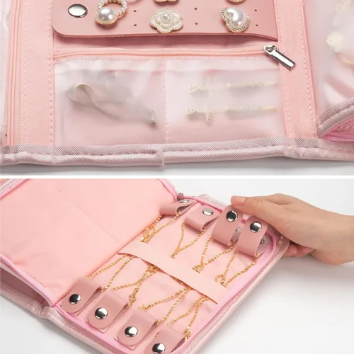 Vista 3 de Organizador de joyas de viaje pequeño plegable organizador de viaje de joyería rosa, bolsa de joyería rosa, organizador de viaje, organizador