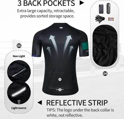 Vista 4 de Conjunto de camisetas de ciclismo para hombre, pantalones cortos acolchados de secado rápido, manga corta, 3 bolsillos traseros, traje de ciclismo