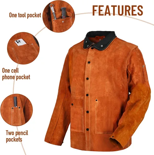 Vista 3 de QeeLink Chaqueta de Soldadura de Cuero - Chaquetas de Soldador de Trabajo Resistente a las Llamas y de Servicio Pesado - Chaqueta de Soldadura