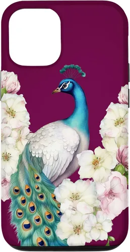 Vista 26 de iPhone 16 Peacock Bird with Long Feathers Watercolor Flowers Case