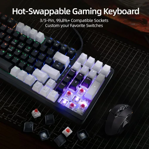 Vista 3 de Teclado mecánico para juegos, llave completa, compacto, con cable, retroiluminado, RGB, interruptores rojos, intercambiables en caliente, USB C
