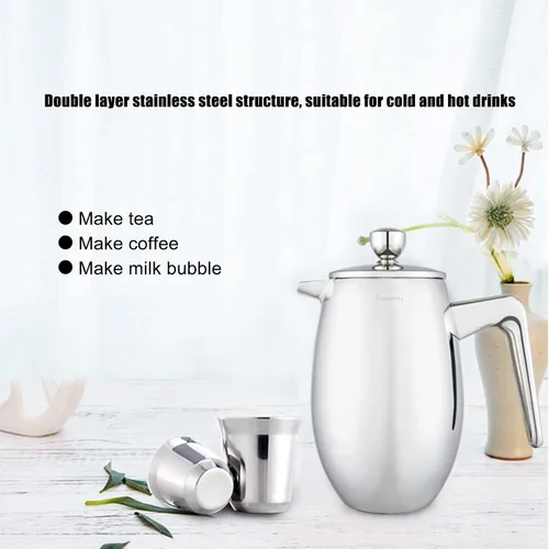 Vista 3 de Cafetera de prensa francesa, acero inoxidable de grado 304 con cuchara, tetera de prensa francesa aislada de doble pared para el hogar, 27.1 fl oz