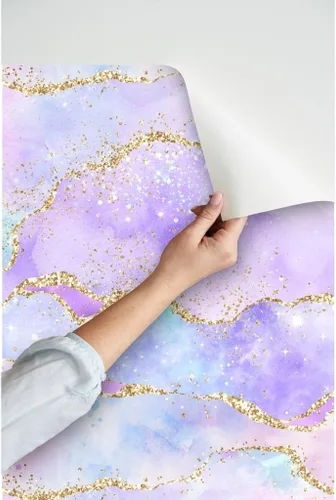 Vista 3 de Spoonflower Papel tapiz para despegar y pegar, acuarela pastel, lila, morado, lavanda, azul, púrpura, nubes, cielo, papel tapiz extraíble