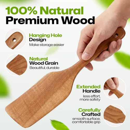 Vista 2 de Espátulas de madera, espátula de cocina plana antiadherente para cocinar, espátula de madera de teca para freír, voltear y girar