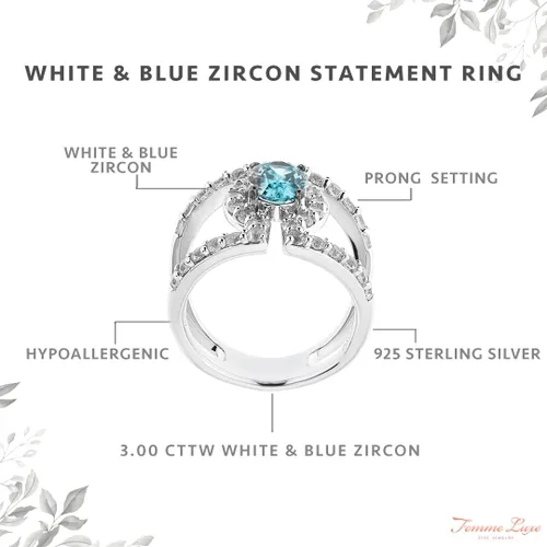 Vista 4 de Femme Luxe Anillo de circonita blanca y azul de 3.00 GTW en plata de ley 925. Regalo para ella. Embalaje listo para regalo., Metal, circonita