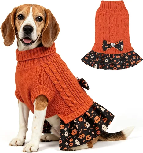 Vista 23 de WOYYHO Vestido de suéter para perro pequeño con corbatín, ropa de perro de Rosa polvoriento