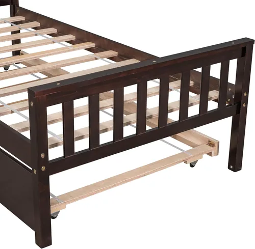 Vista 7 de VECELO Twin Size Platform Bed with Trundle, Solid Wood Twin Bed Frame with Slat Support, 400lbs+200lbs Weight Capacity, No Box Spring Needed