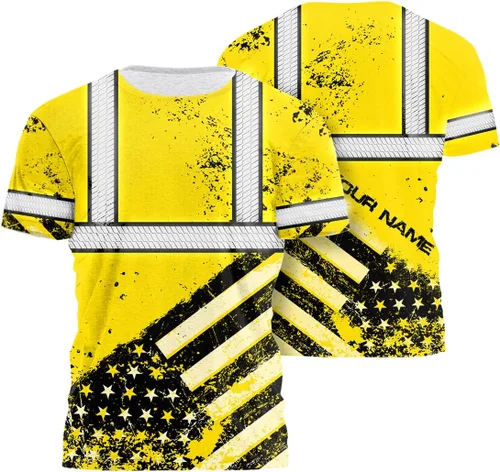 Vista 15 de Camisa de alta visibilidad de calavera con bandera de Estados Unidos para hombres, camisas de seguridad con nombre personalizado, ropa de trabajo