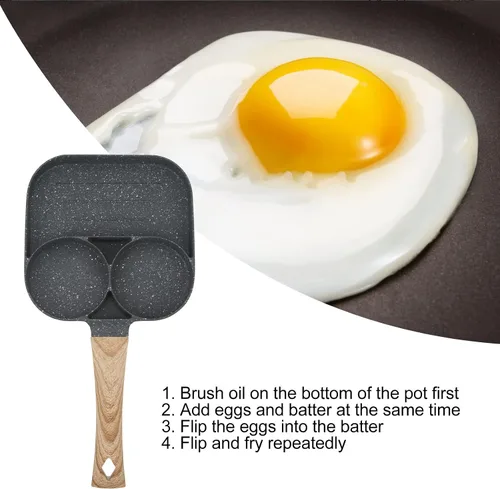 Vista 4 de Sartén para huevos, sartén para panqueques con tapa antiadherente de 3 secciones Sartén de huevo frito de aleación de aluminio para el desayuno
