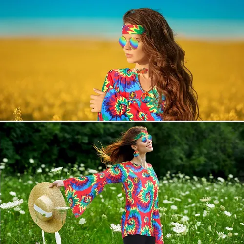 Vista 6 de Jiuguva Conjunto de 17 piezas de disfraz hippie de los años 60 y 70 para mujer, vestido de discoteca, pantalones bohemios, acampanados, camisa