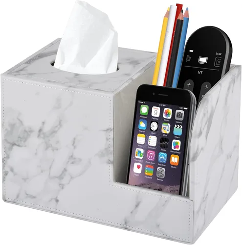Vista 10 de Funda de caja de pañuelos de cuero PU cuadrada, Soporte de caja de pañuelos multifuncional, Caja de pañuelos con almacenamiento, Soporte de pañuelos