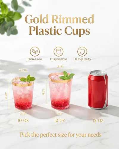 Vista 2 de Nervure 120 vasos de plástico dorados – Vasos de plástico con borde dorado de 10 onzas – Vasos desechables resistentes – Taza transparente con borde