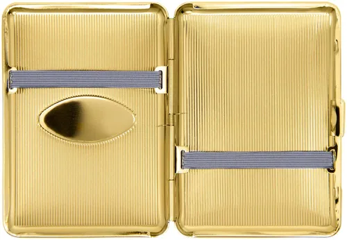 Vista 3 de Juego de 2 cajas de cigarrillos compactas chapadas en metal tamaño King con bandas elásticas (oro ovalado)