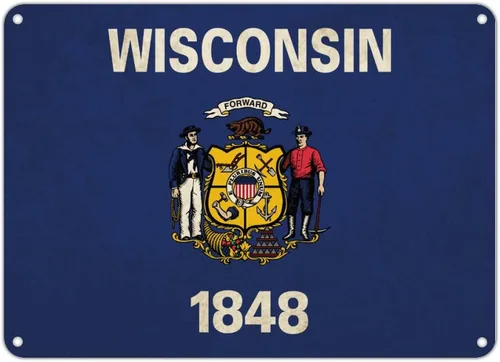 Vista 9 de Letrero de metal de Wisconsin, bandera del estado de Wisconsin, letrero de metal para hogar, estado, país, ciudad, recuerdo, arte de pared, póster